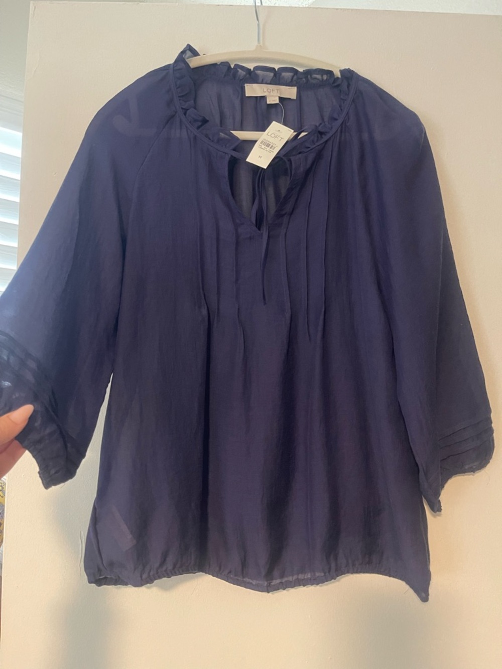 LOFT dark purple-Navy Peasant Blouse with Ruffle Neck and Tie